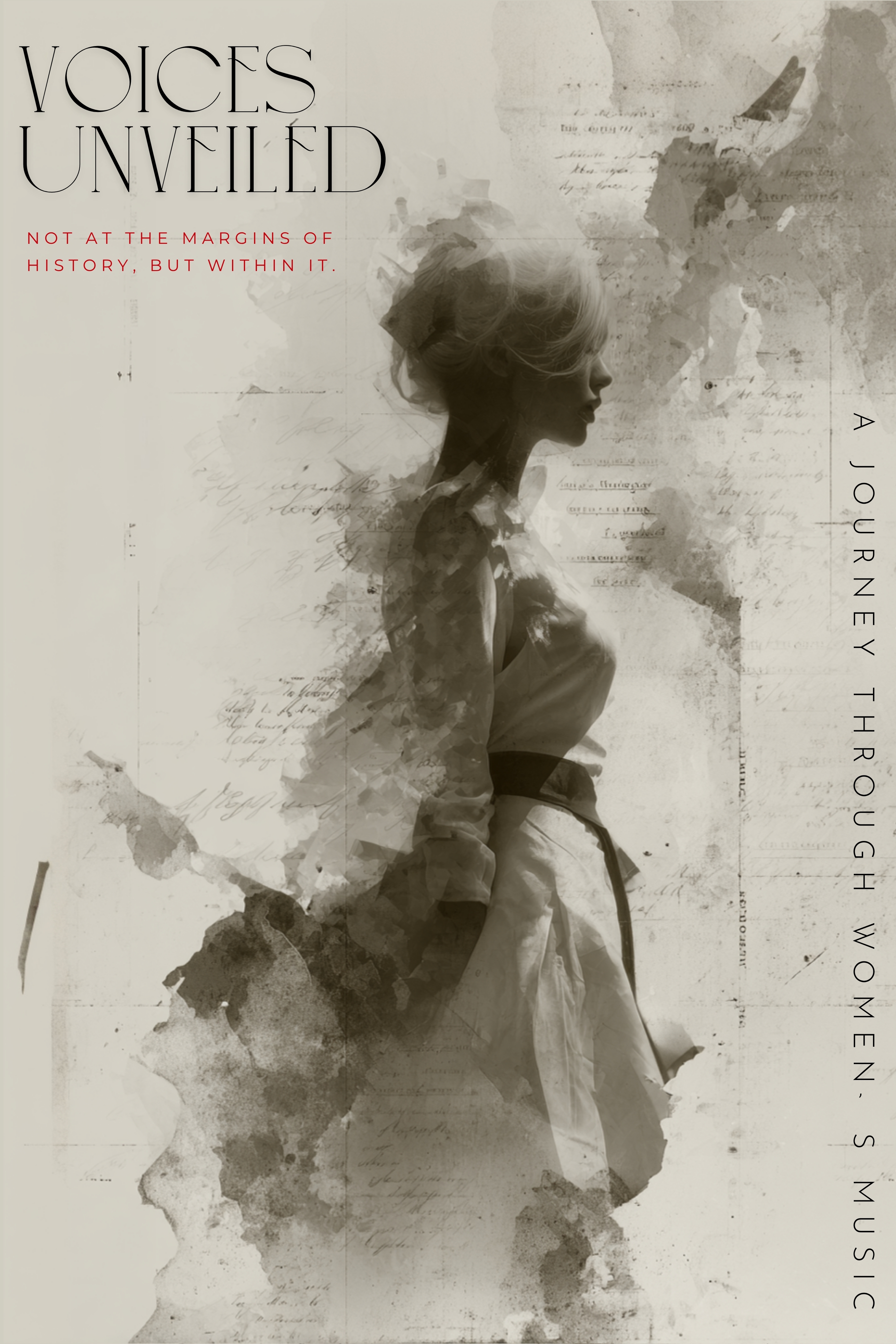 Voices Unveiled — A Journey through Women’s Music. Not at the margins of history, but within it. Project poster with a female silhouette and faded manuscript fragments.