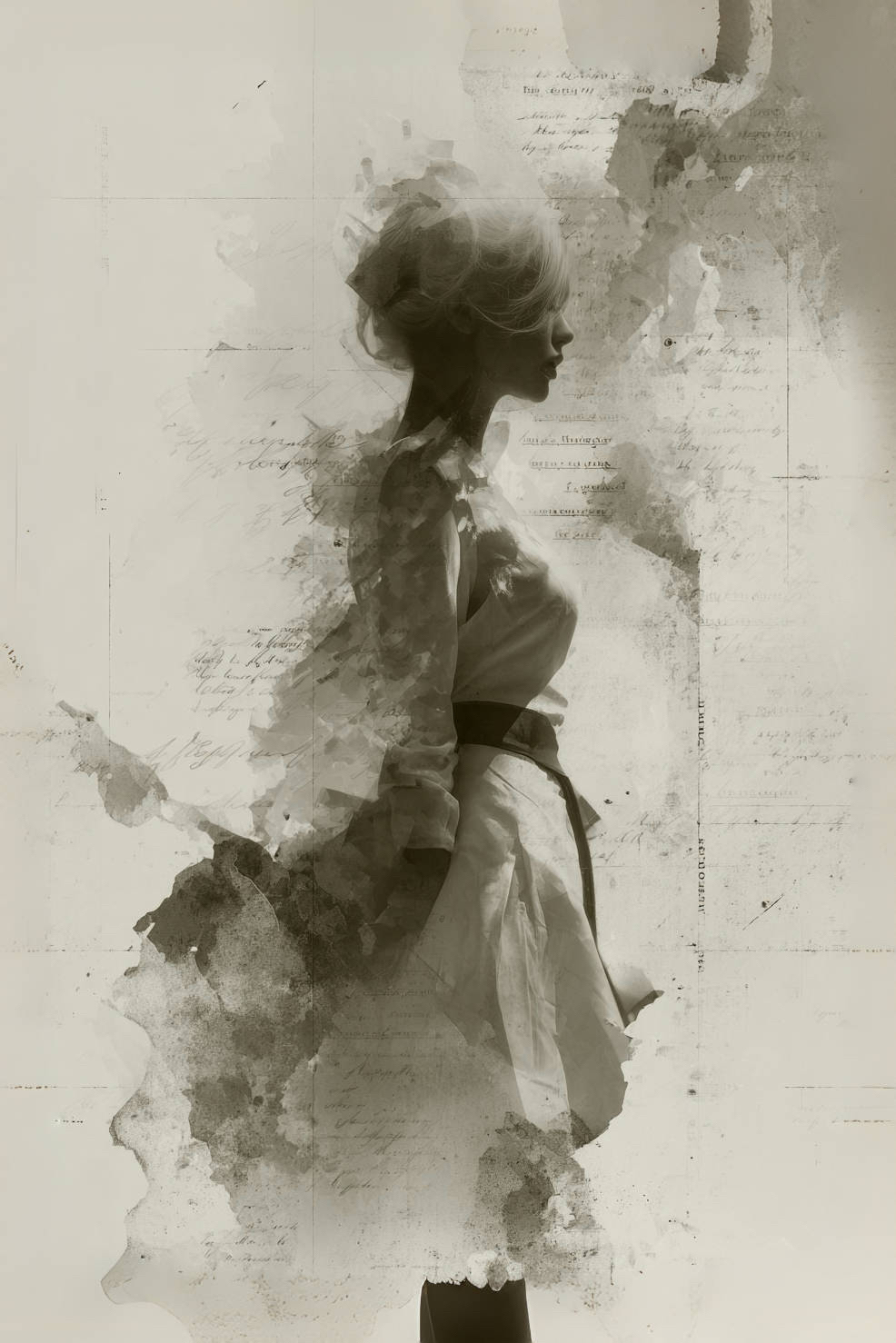 A woman's silhouette emerging from layers of faded handwriting and aged paper